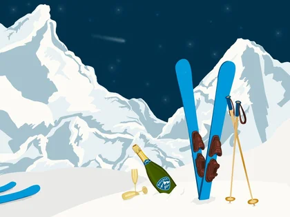 Grafik mit Skier, einer Sektflasche und eingeschneiten Bergen
