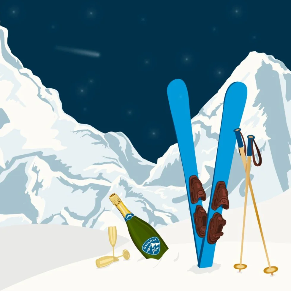 Grafik mit Skier, einer Sektflasche und eingeschneiten Bergen
